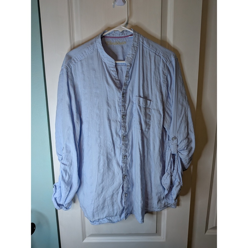 Caribbean Light Blue Linen Blend Dobby Stripe Roll Tab Band Collar Shirt XL